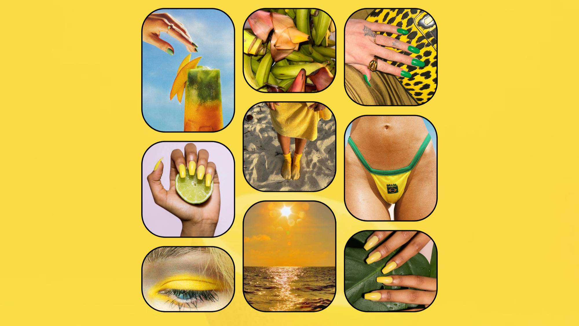 Collage of images featuring hands with yellow nail polish on a yellow background